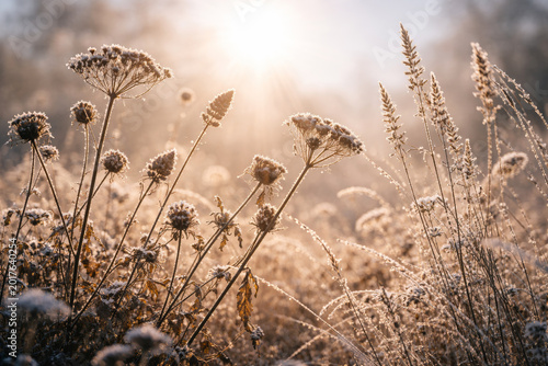 Frosty wildflowers glistening in sunlight during winter morning
