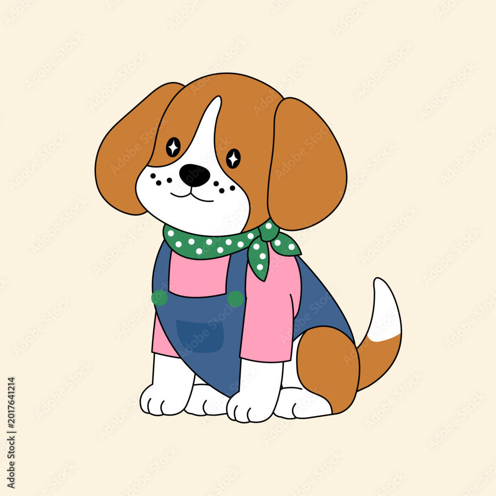 Obraz premium A charming Beagle character illustration featuring an adorable puppy wearing denim overalls and a green polka-dot scarf