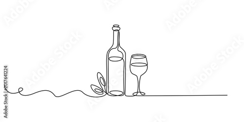 bottle of wine with wineglass continuous one line drawing animation, Self-drawing of a bottle of wine and a groan of grapes in one line on a white screen. Stock cartoon video with alcohol in 4k