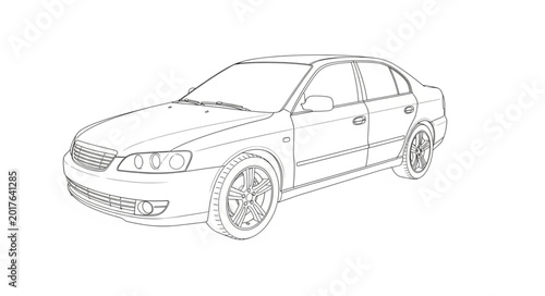 Slika na platnu Outline drawing of a modern sedan car on a white background.