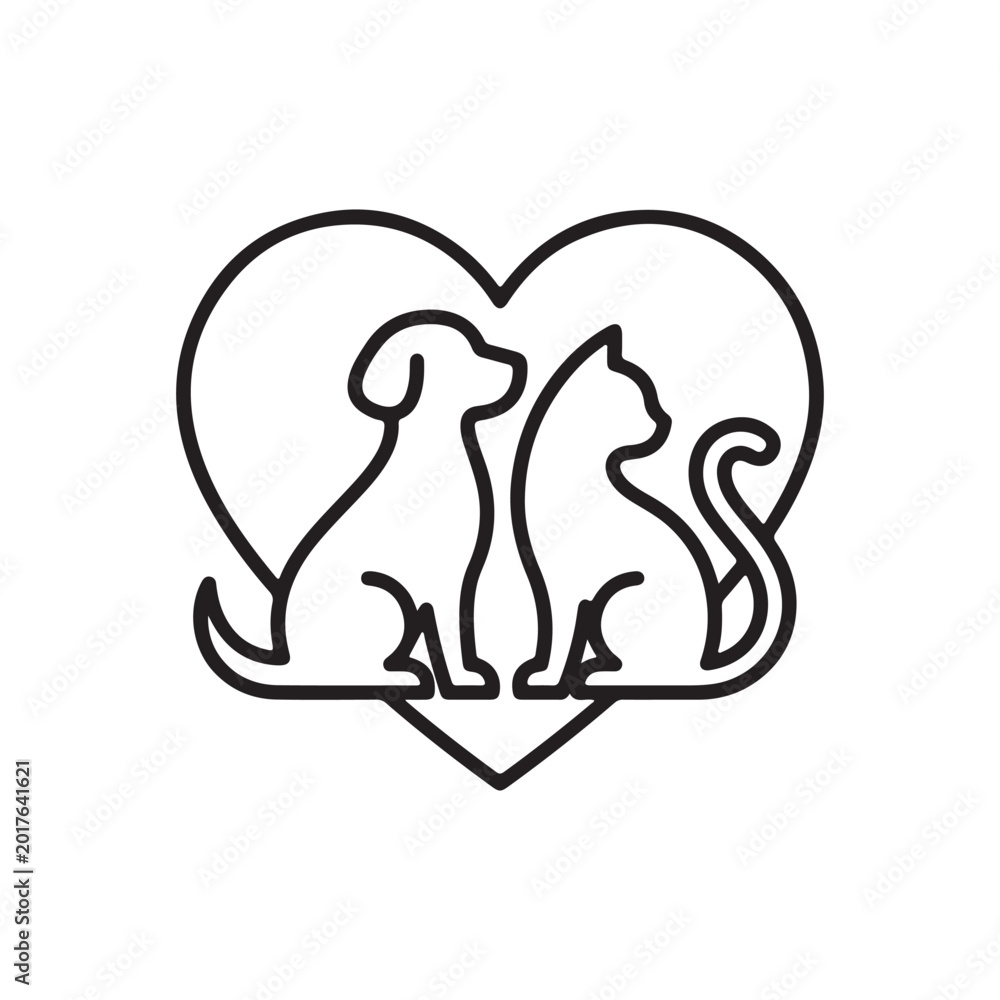 Obraz premium Black outline icon of a dog and a cat sitting together inside a heart shape symbol Vector
