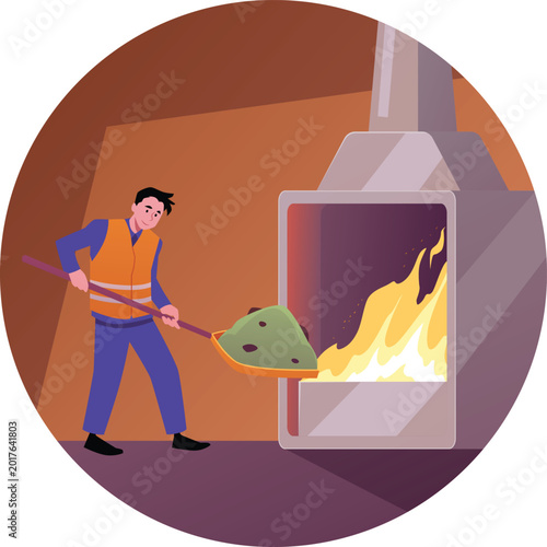 Photos A round frame depicting a worker with a shovel recycling household waste in an industrial furnace
