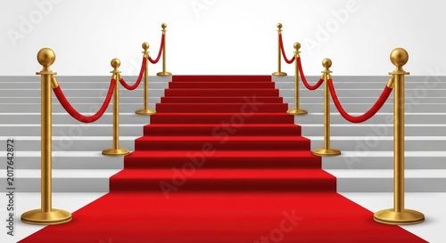 Red carpet leading up a grand staircase with golden stanchions and velvet ropes, representing exclusivity and prestige.