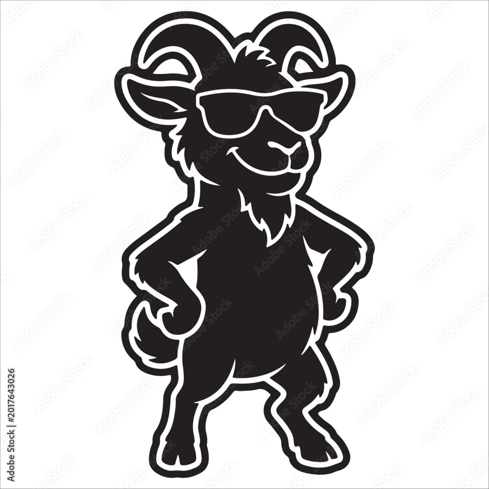 Fototapeta premium Funny cool goat cartoon mascot wearing stylish sunglasses in black silhouette style. Cute farm animal vector illustration isolated on background. Playful goat character design suitable for stickers, T