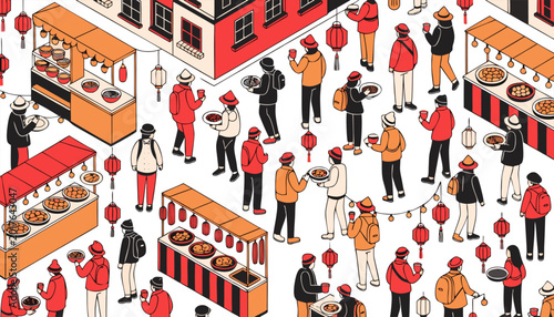 Minimalist Urban Landscape Featuring Crowded Outdoor Marketplace and Social Gathering.eps