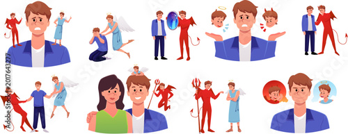 Bild auf Leinwand Confused young man with devil and angel on different sides, frustrated guy decid