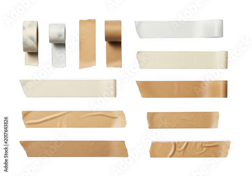 Set of various pieces of brown paper adhesive tape and rolls for crafting Isolated transparent png.