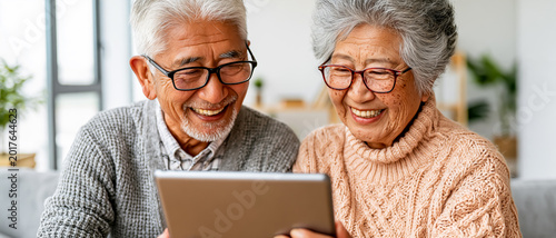 オンラインサービスを利用する笑顔の高齢者夫婦