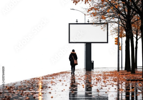 A lonely person walking on a wet city street past a large blank road billboard