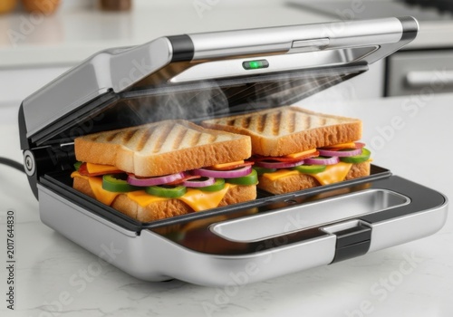 Fresh toasted sandwiches cooking in a modern metal electric panini press maker