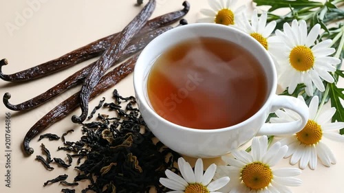 A steaming cup of tea surrounded by vanilla beans, loose-leaf tea, and daisies on a table