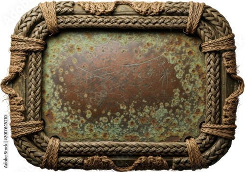 Rustic decorative picture frame with braided rope and green mossy texture