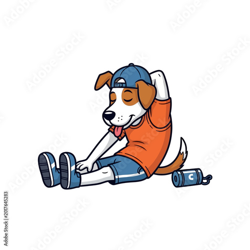 Cartoon dog wearing a baseball cap and t-shirt relaxing.