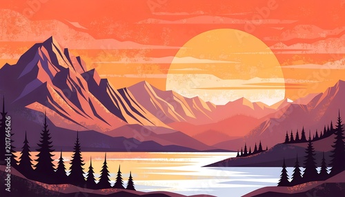 Sunset over mountains, lake, and pine trees, orange sky with yellow sun