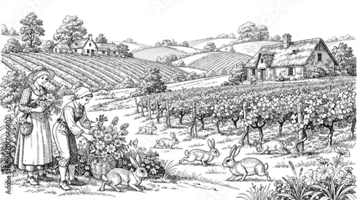 Принти на полотні People Working in a Vineyard Field.
