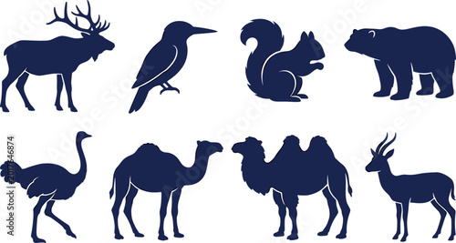 Photography Dark Blue Wildlife Animal Silhouette Vector Set with Deer, Bear, Camel, Ostrich,