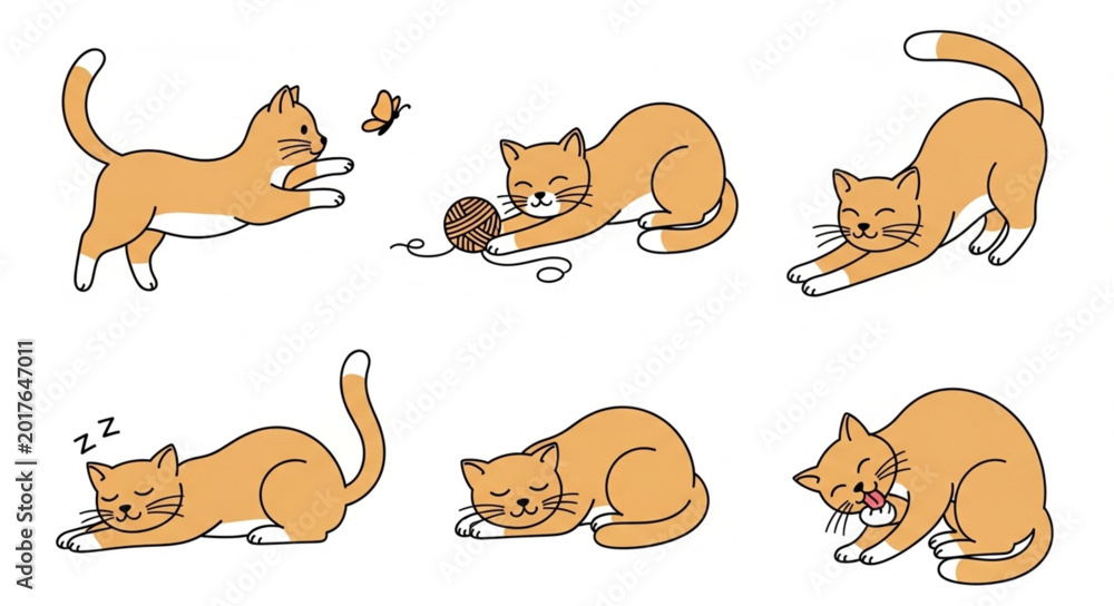 Fototapeta premium Playful Orange Cat Illustrations in Various Poses.