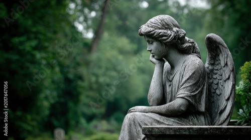 Melancholy angel statue contemplates in a serene, green cemetery setting