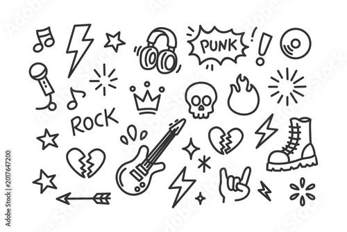 Hand drawn rock and punk music doodle icons set