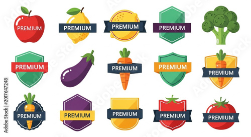 Foto Premium Quality Food Labels with Fruits and Vegetables.