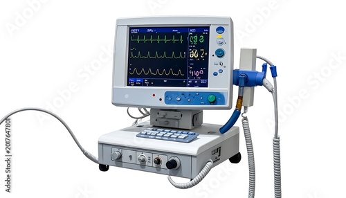 Medical monitor showing vital signs, attached to patient connections. The device sits on a white table