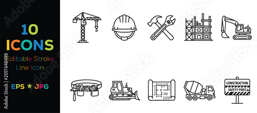Bilde på lerret Flat construction equipment and safety icons set