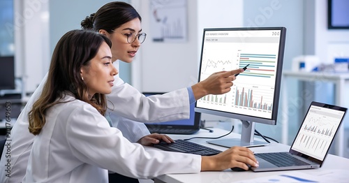 Female scientists analyzing data on computer screen