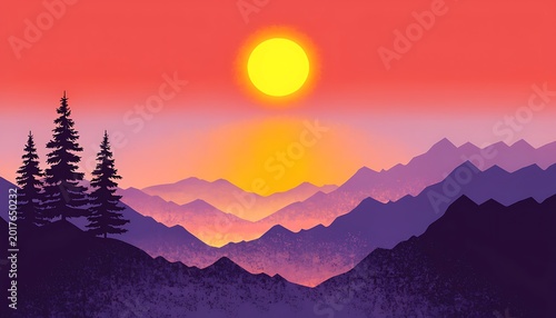 Sunset over mountain range with pine trees, orange and purple hues