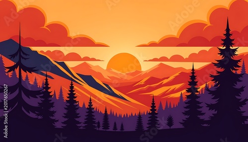 Sunset over mountains with pine trees, orange and purple hues