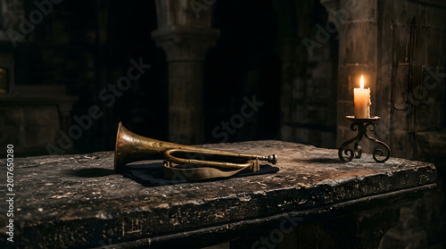 Vintage Brass Bugle resting on a weathered stone altar beside a burning candle in a dark, atmospheric medieval church interior.