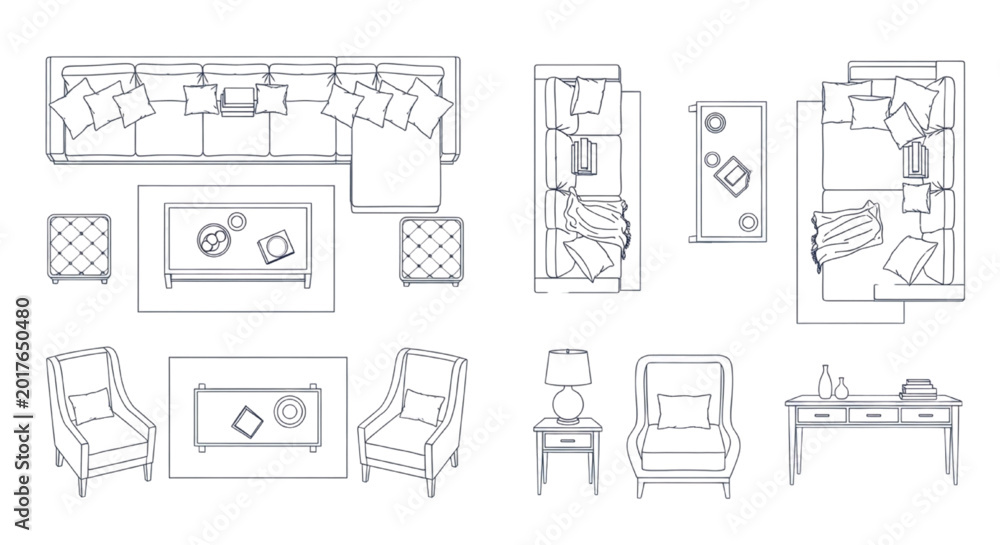 Fototapeta premium Luxury Interior Design Furniture Symbols, Contemporary Sofa and Armchair Set for Architectural Drawings
