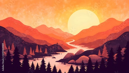 Sunset over mountains, river, and pine trees landscape