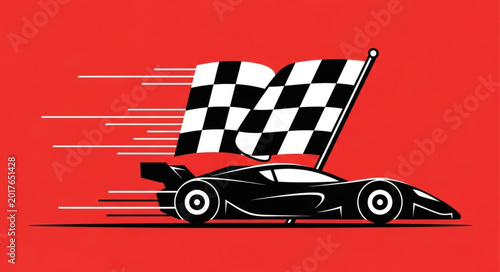 Fotografia Racing Car with Checkered Flag.