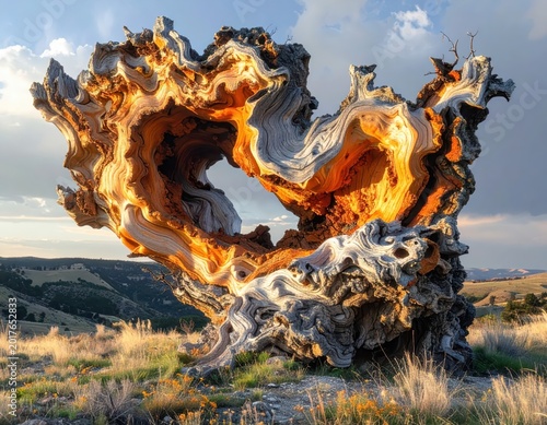 Ancient Heart-Shaped Petrified Wood Sculpture in Golden Hour Light, Rugged Landscape