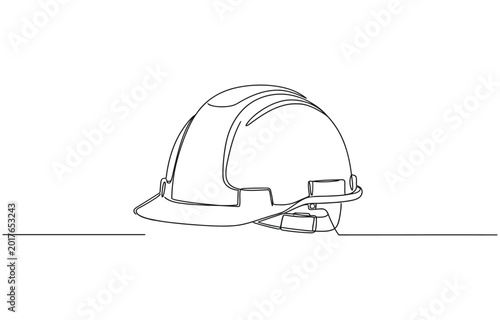 Continuous line art construction hard hat safety helmet vector illustration, Minimalist continuous line drawing of a construction safety hard hat.