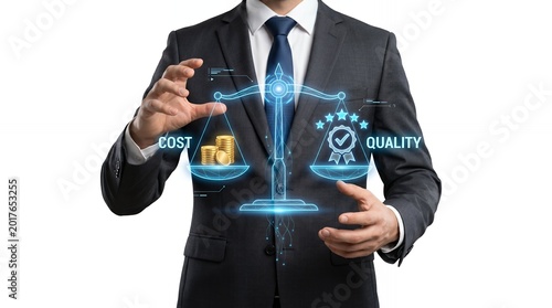 Businessman balancing cost and quality with a digital scale hologram isolated on white background
