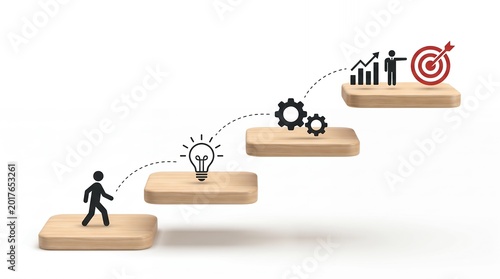 Business growth concept with a person climbing steps towards a target isolated on white background