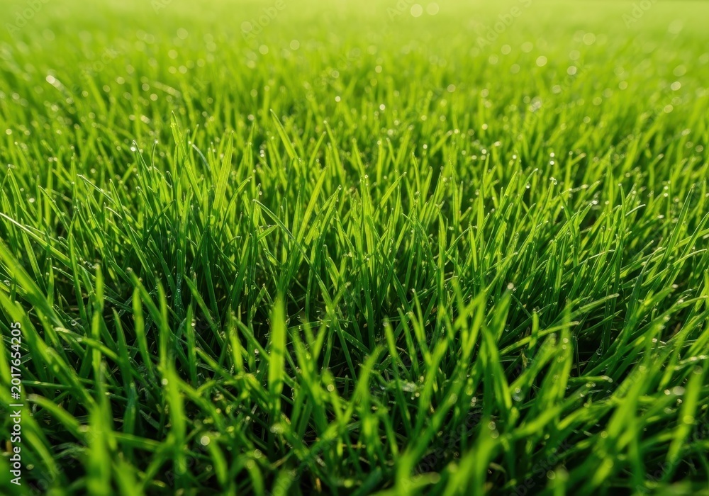 Obraz premium Close-up texture of freshly cut, dense green grass blades covering an entire area, illuminated by bright sunlight, symbolizing growth and tranquility, foliage, detailed, turf