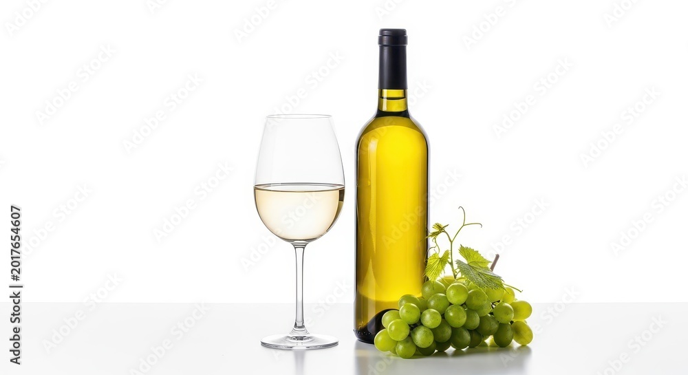 Fototapeta premium Elegant white wine tasting setup with a full bottle and glass next to fresh grapes, clean isolation on a bright white surface, simple, backdrop, white background