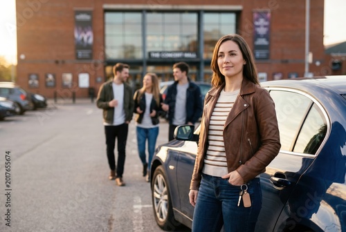 Confident designated driver standing by parked car outside concert hall