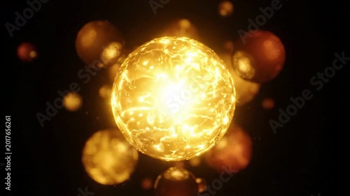 Abstract glowing orbs with energetic light flares and particles, energy explosion, glowing spheres in dark space, motion graphics background