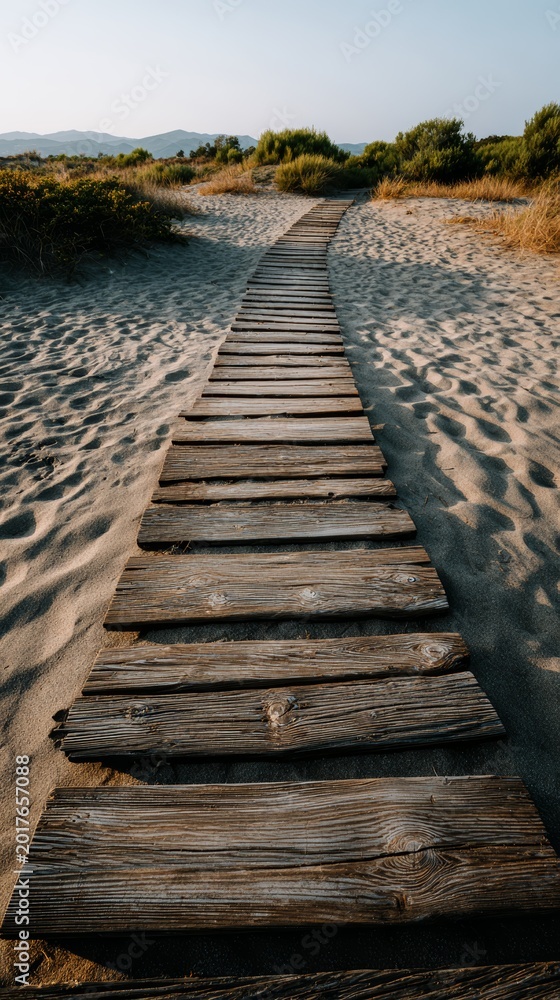 Fototapeta premium Wooden path through sandy dunes at sunset