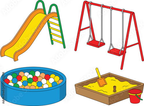 Canvas Print Playground equipment icons set, generic ball pit sandbox and recreational play elements for kids activity and outdoor graphics