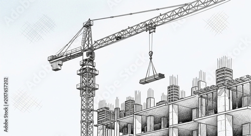 Sketch of a construction crane building a high rise structure.