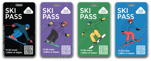 Bild auf Leinwand Ski pass cards icons illustration set, generic mountain lift admission tickets with skier snowboarder and colorful winter sports graphics