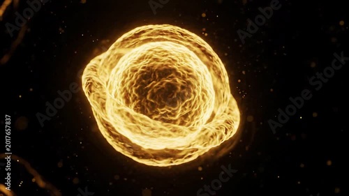 Abstract glowing golden energy sphere pulsating with light particles, perfect for science and technology backgrounds