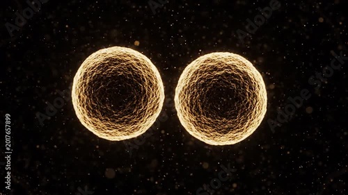 Two luminous golden cells, particles floating, abstract science background, medical research, biology, microscopic view