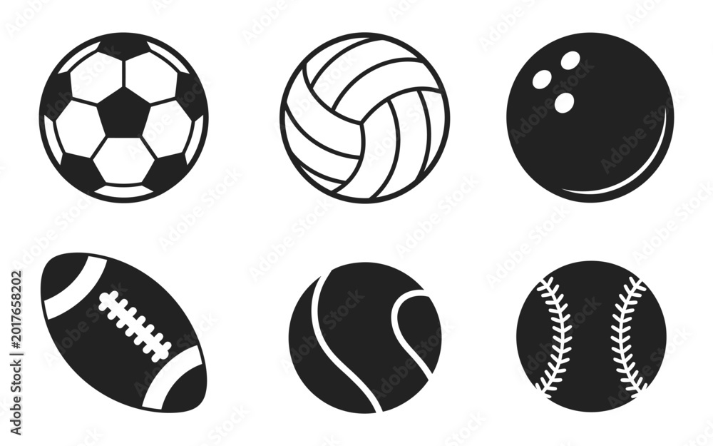 Fototapeta premium Sports equipment and balls silhouette icons with isolated athletic gear symbols on white background, clean graphic design elements for recreation and competition projects