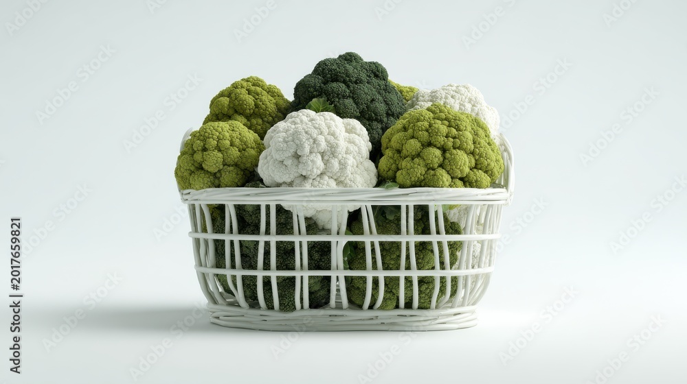 Fototapeta premium White Basket Filled With Fresh Green And White Broccoli Florets Studio Shot