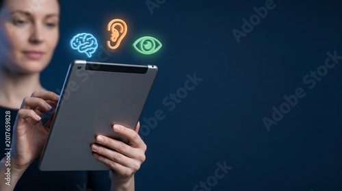 Woman Using Tablet with Floating 3D Accessibility Icons on Clean Deep Blue Background, Digital Inclusion and Neurodiversity Concept.